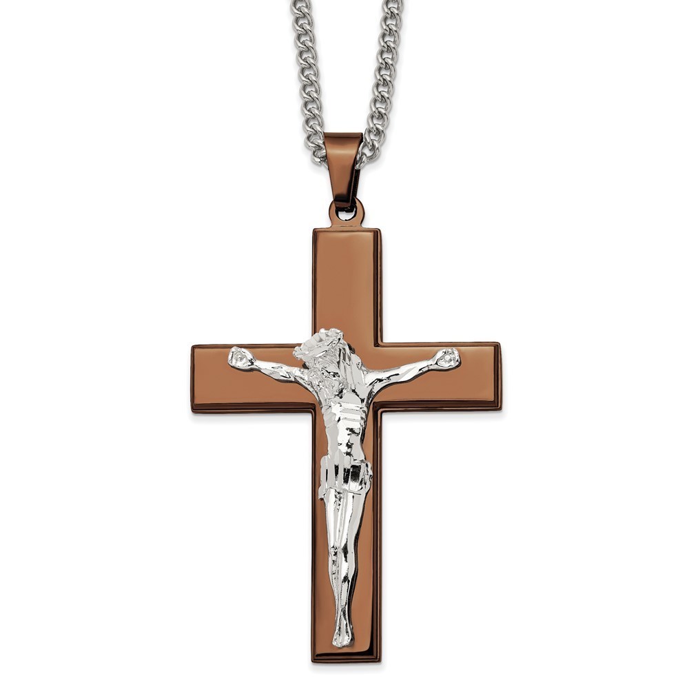 Chisel Stainless Steel Brown IP-plated Crucifix Charm w 24" Curb Chain Necklace
